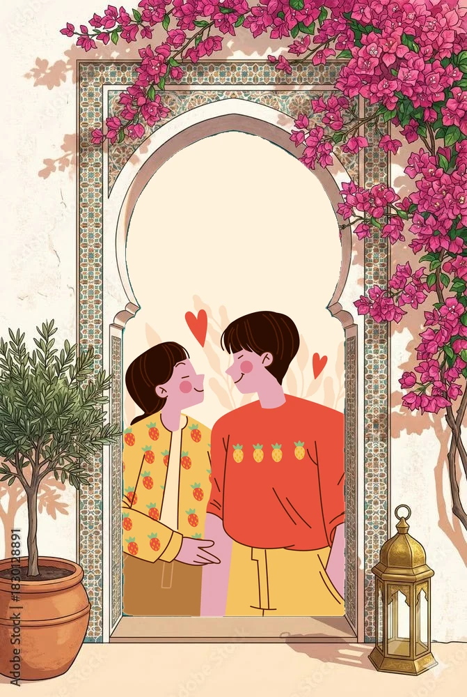 Ishita and Arjun standing in an arched doorway framed by bougainvillea